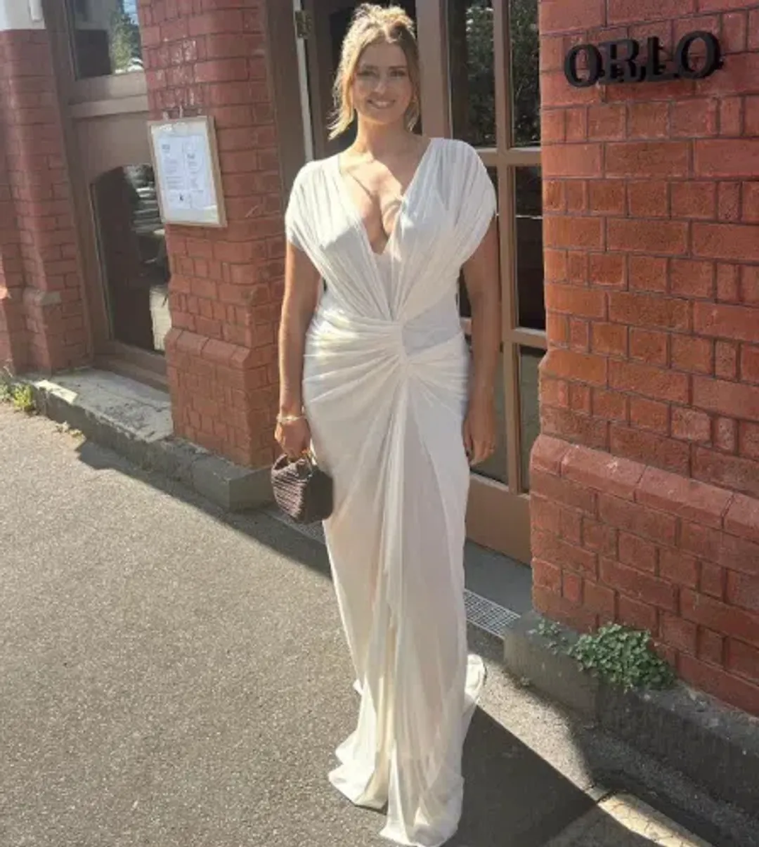 Bec and Bridge Leia Drape Gown Butter Cream White Size 12 for rent on The Volte - main image