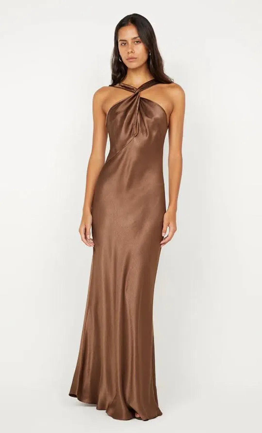 🤎 BEC and BRIDGE Elisia Twist Satin Maxi Dress – Milk Chocolate Brown – Size AU 10 🤎 for rent on The Volte - main image