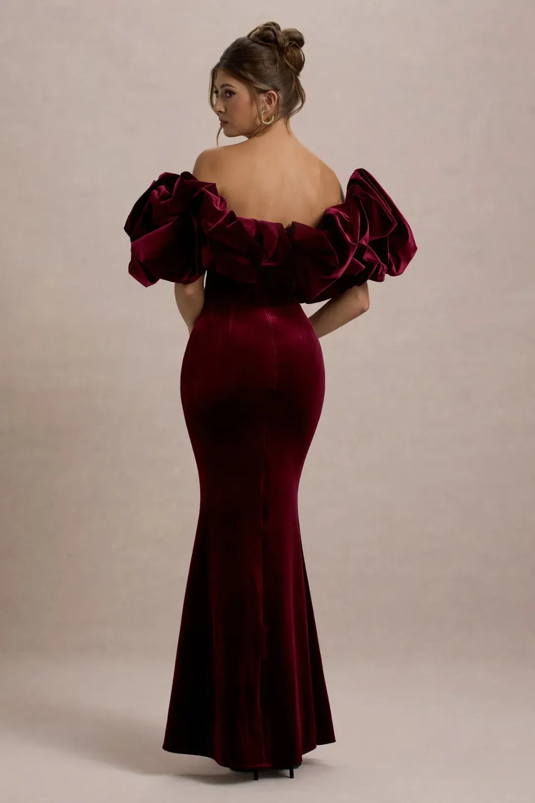 Club L London Port Velvet Bardot Maxi Dress With Velvet Ruffle Trim for rent on The Volte - main image