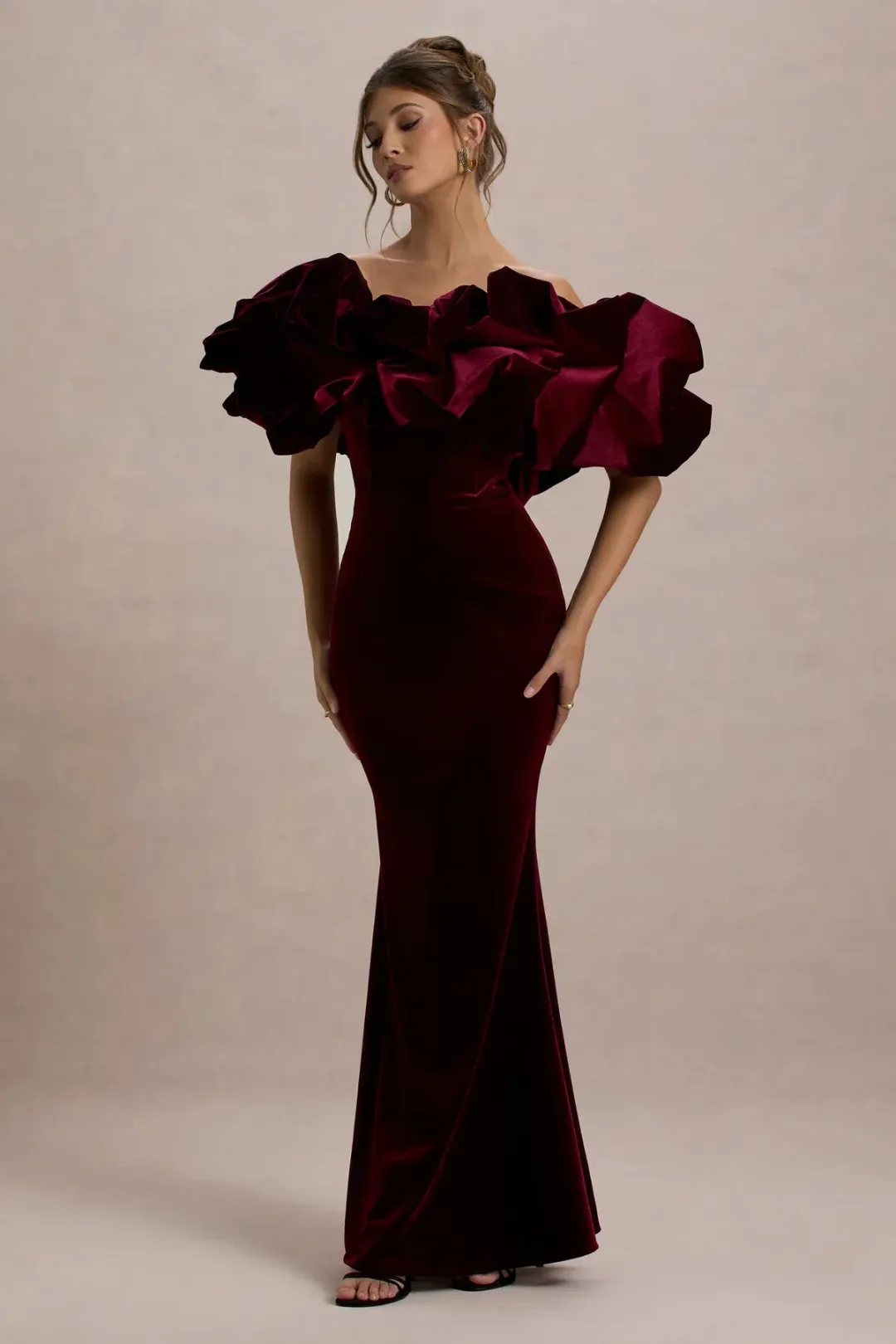 Club L London Port Velvet Bardot Maxi Dress With Velvet Ruffle Trim for rent on The Volte - main image