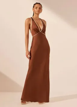 SHONA JOY BELKIS CONTRAST PLUNGE CROSS BACK MAXI DRESS CHOCOLATE/IVORY  for rent on The Volte - image 1