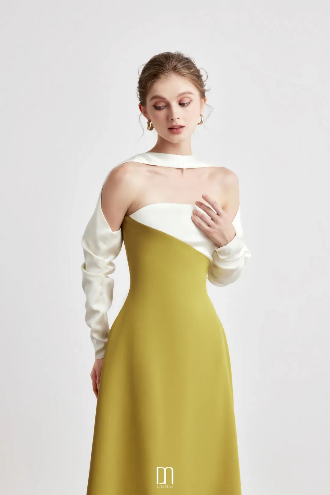 DENIO Princesa Scarf Midi Dress White / Mustard Size Small for rent on The Volte - main image