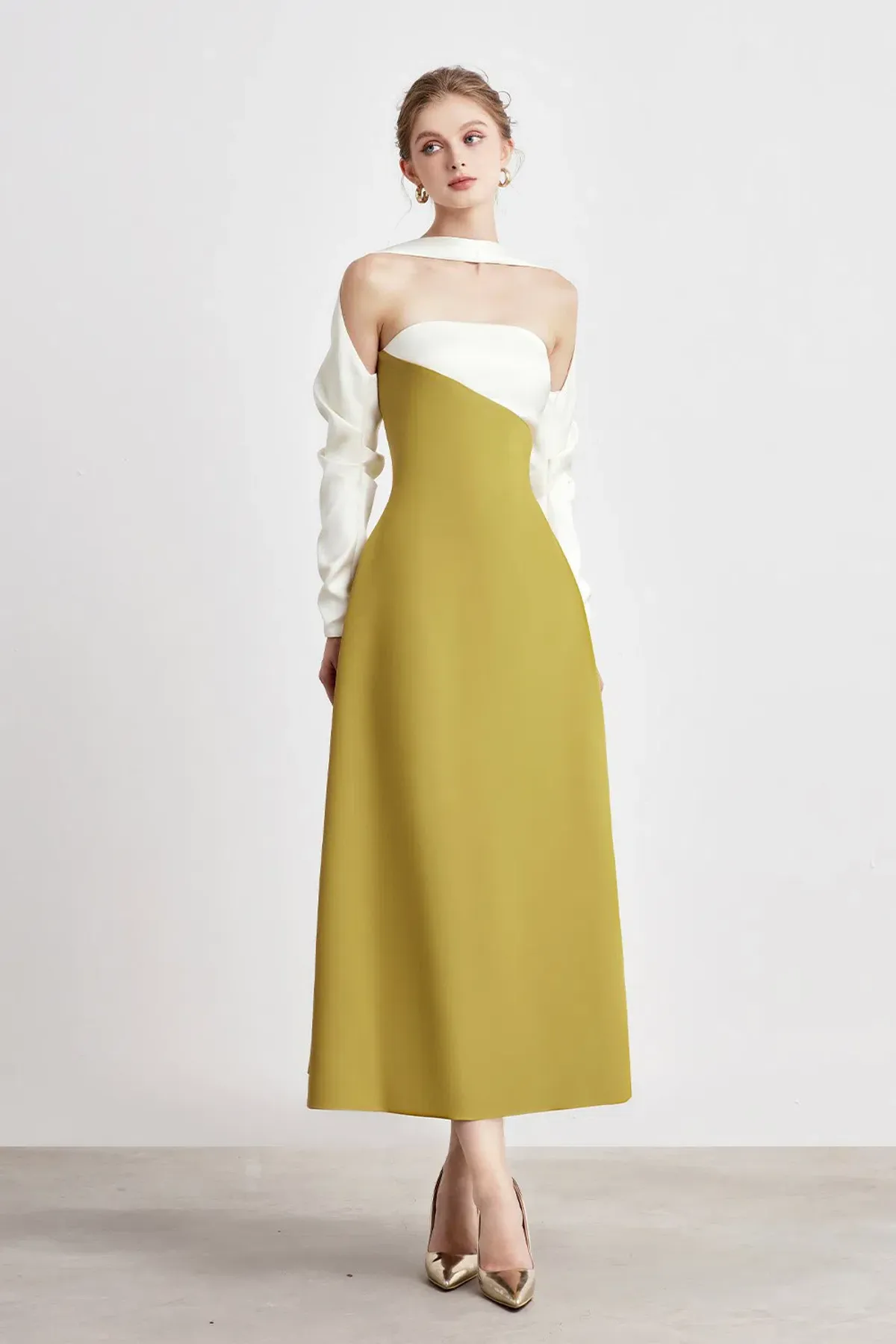 DENIO Princesa Scarf Midi Dress White / Mustard Size Small for rent on The Volte - main image