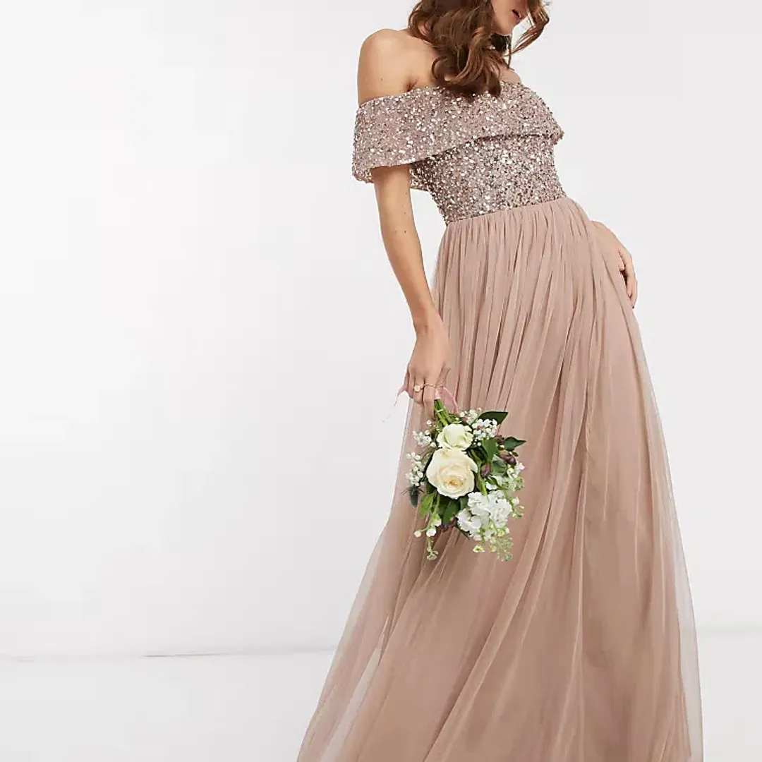 ASOS Maya Bardot Tulle Maxi Dress in Taupe Blush Size 8 for rent on The Volte - main image