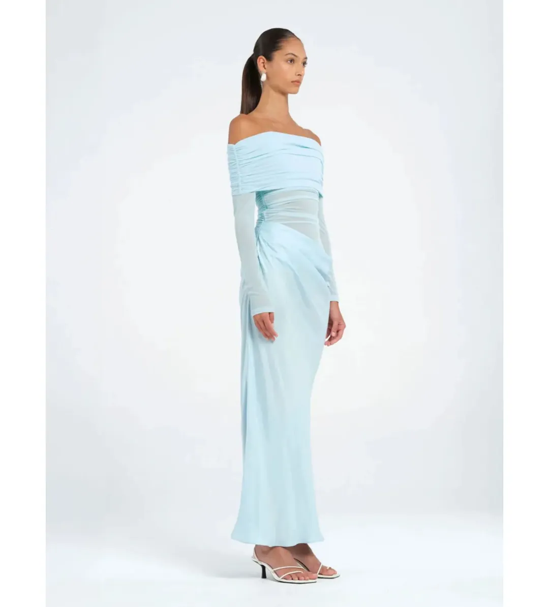 Benni Yasmin Off Shoulder Maxi Dress in Baby Blue Size AU6 for rent on The Volte - main image