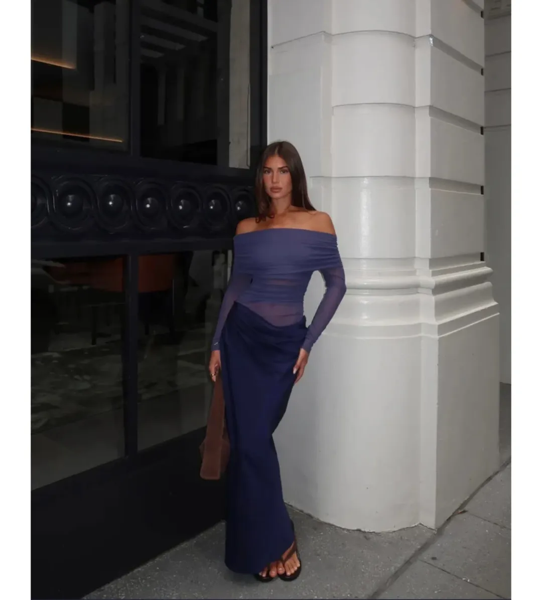 Benni Yasmin Off Shoulder Maxi Dress in Navy Blue Size AU6 for rent on The Volte - main image