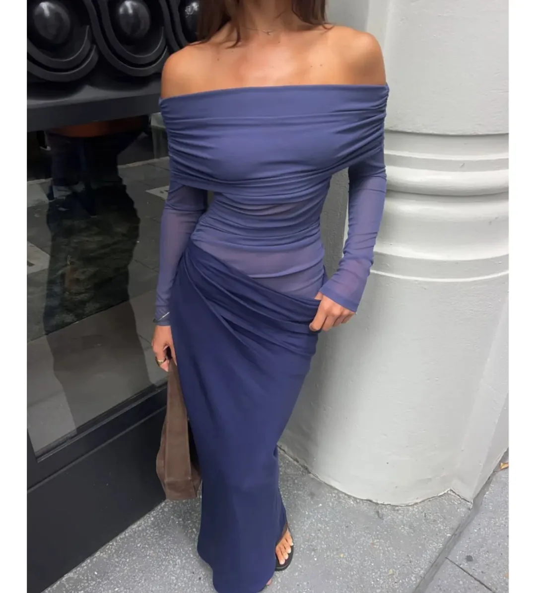 Benni Yasmin Off Shoulder Maxi Dress in Navy Blue Size AU6 for rent on The Volte - main image