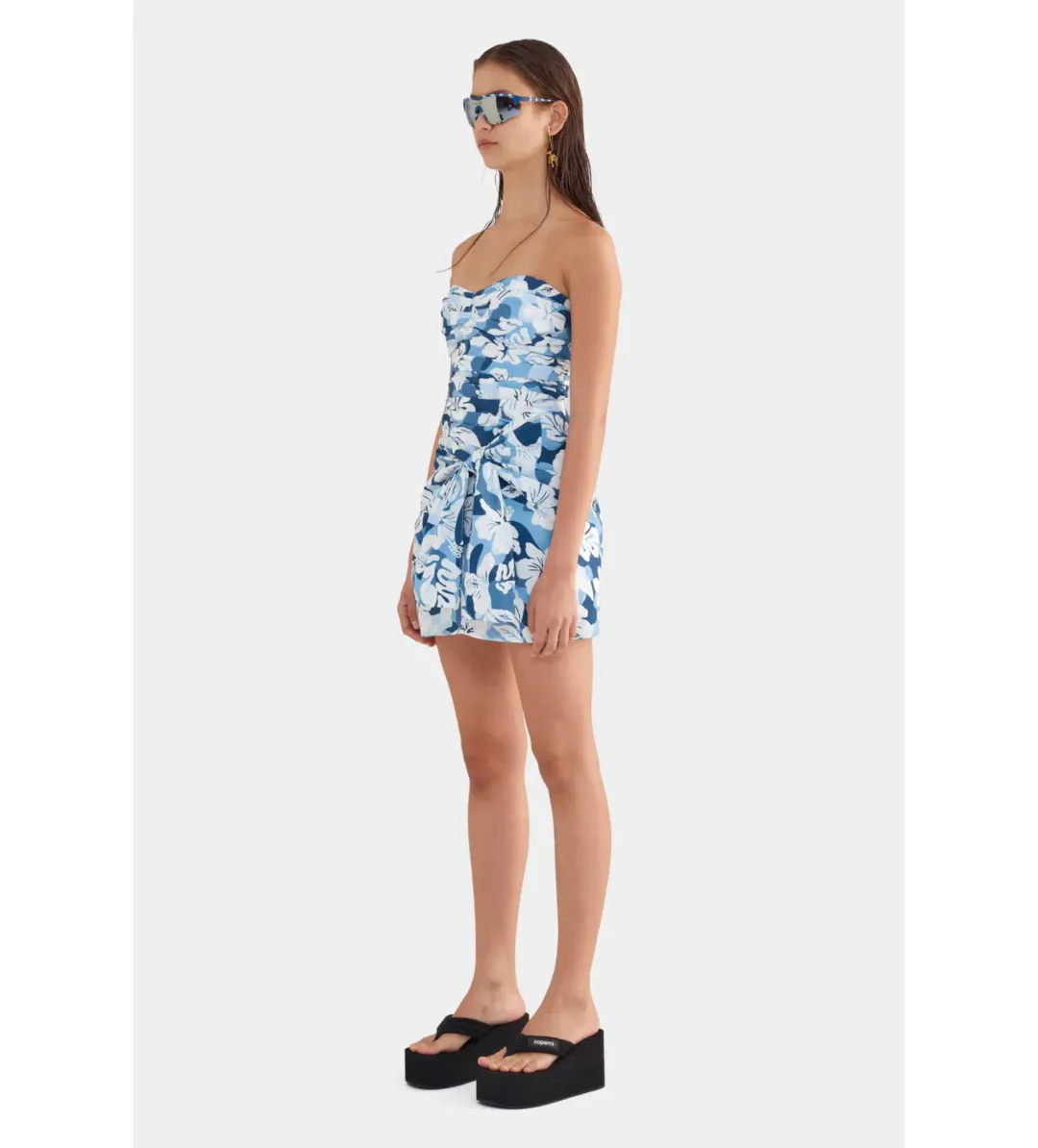 Venroy Ruched Cotton Strapless Mini Dress Blue Hibiscus Camo Size S/AU 8 for rent on The Volte - main image