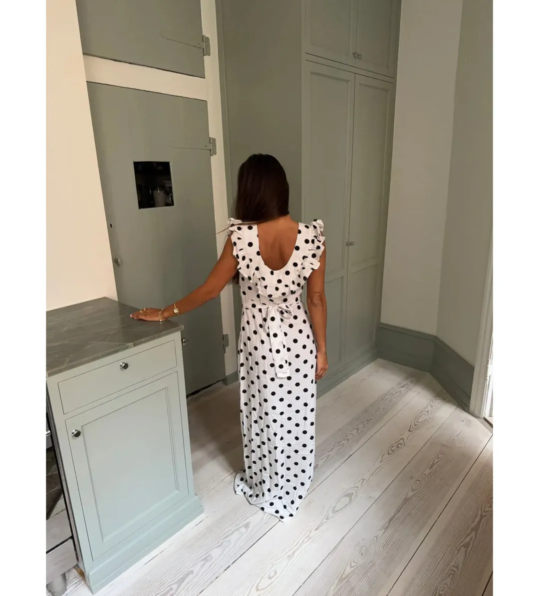 Design By Si Luna Maxi Dress in Off White/Black Polka Dots Size M/L for rent on The Volte - main image