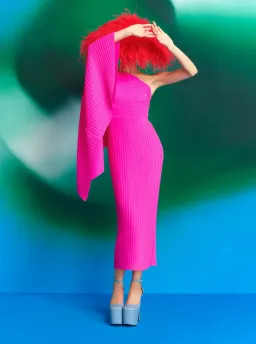 Solace London Lenna one sleeve draped plisse-chiffon midi dress pink, size 12 for rent on The Volte - image 3