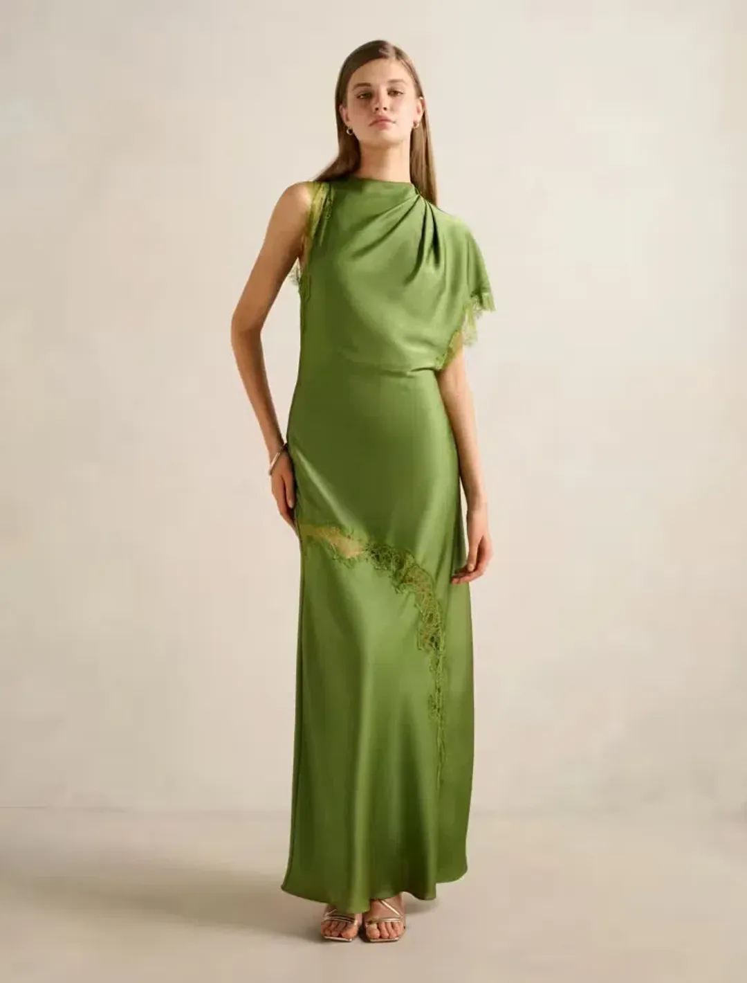 Forever New Kody Satin Lace Dress size 20 Asymmetric Green for rent on The Volte - main image