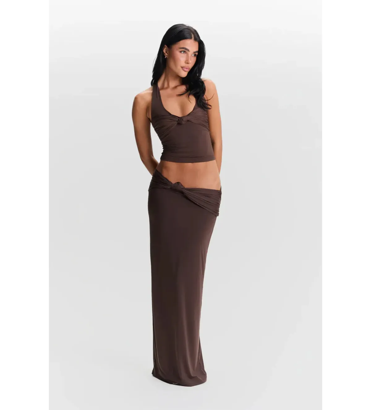 Sasha Therese Blair Top and Mila Maxi Skirt Set in Chocolate Brown Size XS/AU6 for rent on The Volte - main image