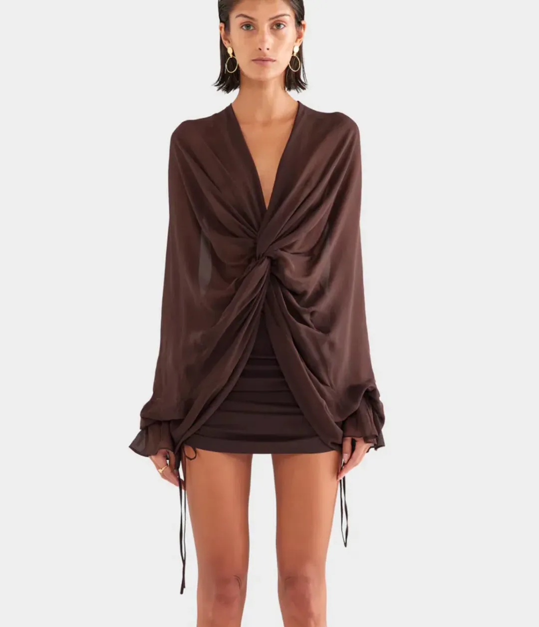 Venroy Twisted Bodice Silk Mini Dress in Dark Chocolate Brown Size XS / AU 6 for rent on The Volte - main image