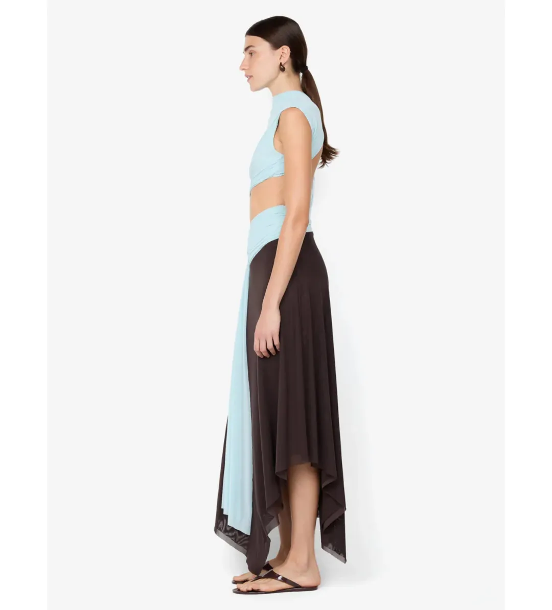 Bec & Bridge Conni Asym Midi Dress in Arctic Blue/ Dark Choc Size AU6 for rent on The Volte - main image