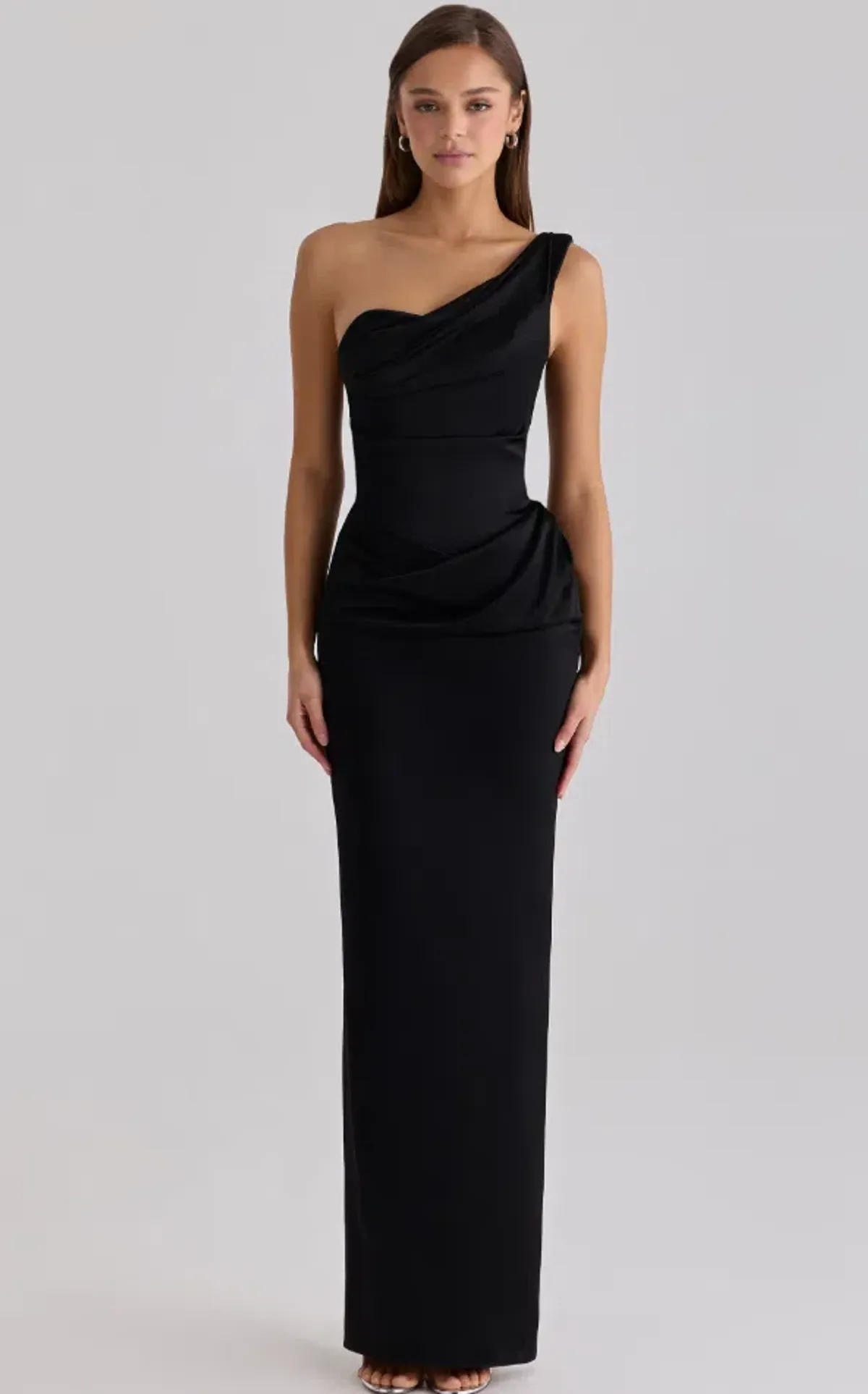 House of CB Caprice black satin one shoulder maxi dress Size M for rent on The Volte - main image