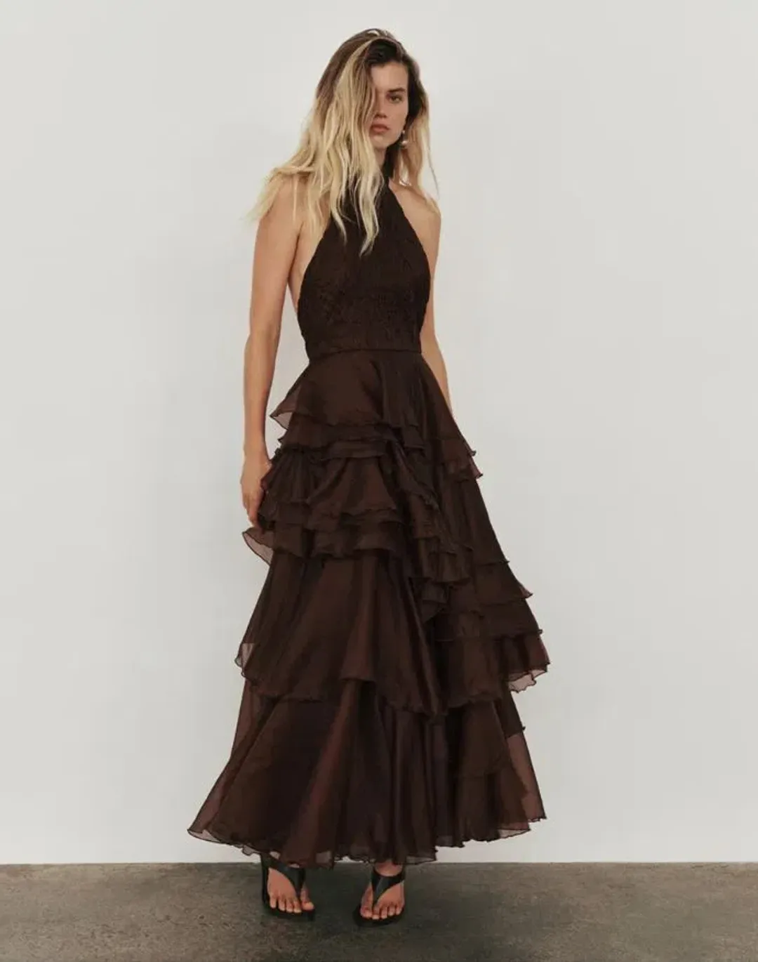 Aje Fayette Gown in Dark Chocolate Size 10 for rent on The Volte - main image