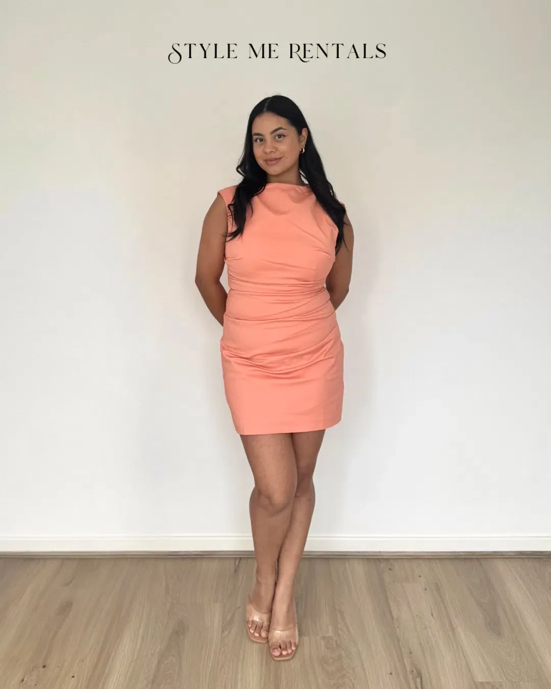 Shona Joy Lani Draped Mini Dress Peach Size 12 for rent on The Volte - main image
