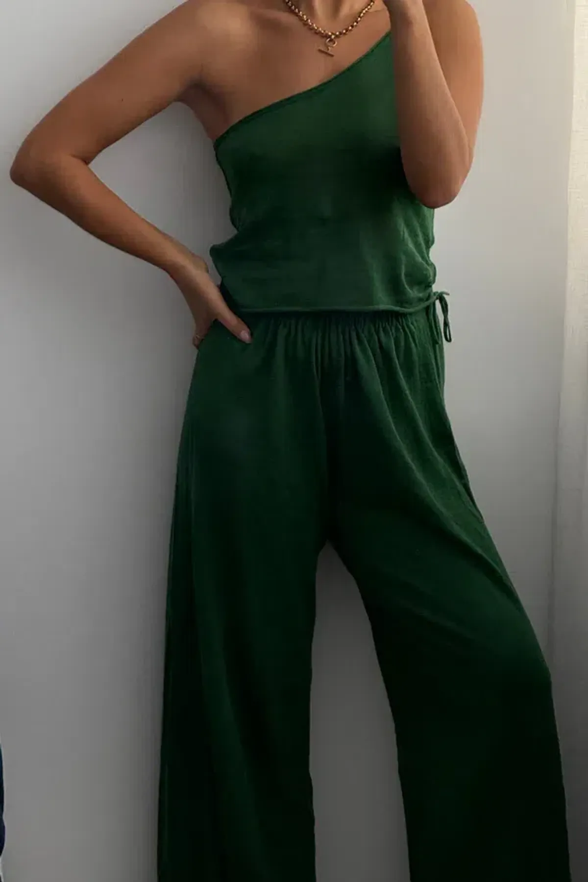 RIB HEMP JERSEY SKIRT & ONE SHOULDER TOP - TALLOW GREEN for rent on The Volte - main image