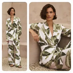 New TRENERY 2-Piece Suit, Palm Leaf Print Green & Pale Pink [10] Pants & Jacket 🩷 for rent on The Volte - image 1
