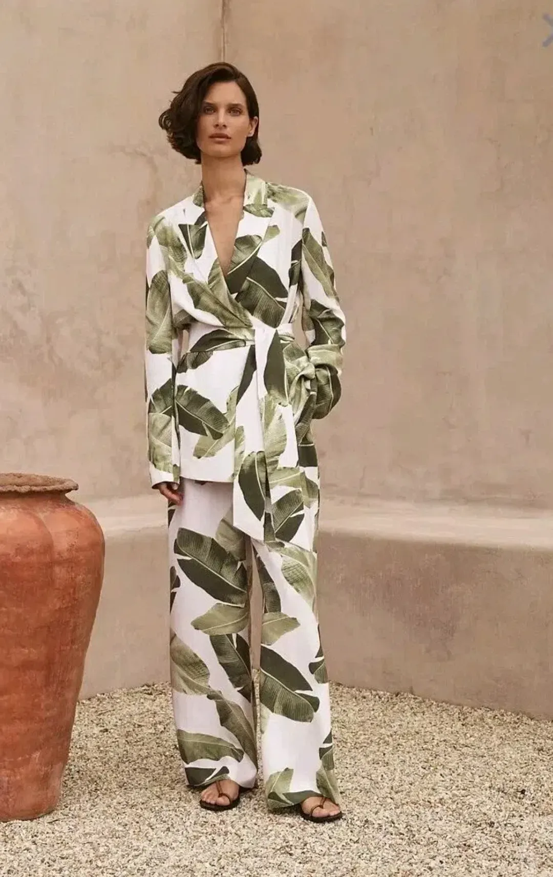 New TRENERY 2-Piece Suit, Palm Leaf Print Green & Pale Pink [10] Pants & Jacket 🩷 for rent on The Volte - main image