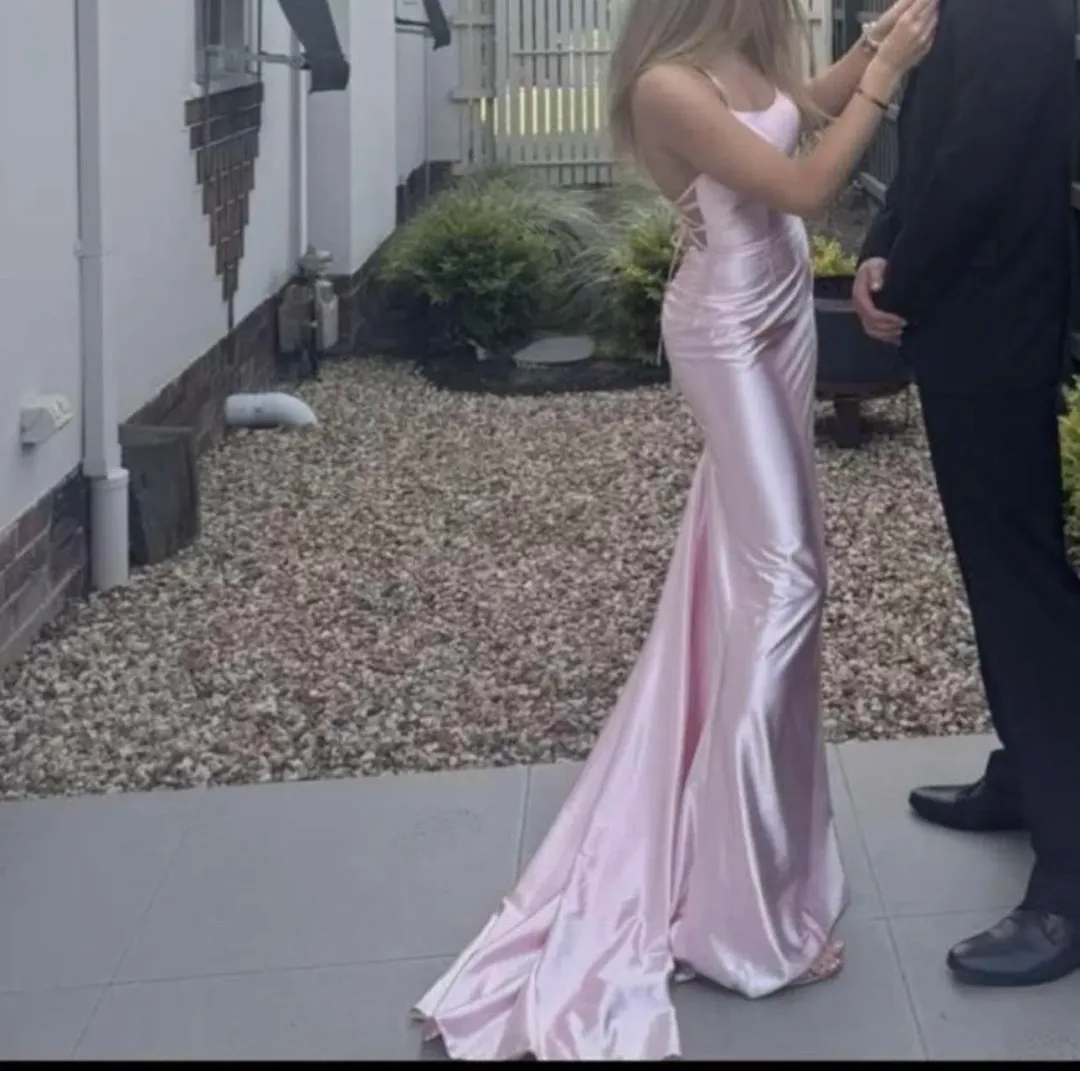  Cute Mermaid Scoop Neck Pink Satin Long Prom Dress formal dress Size 6 for rent on The Volte - main image
