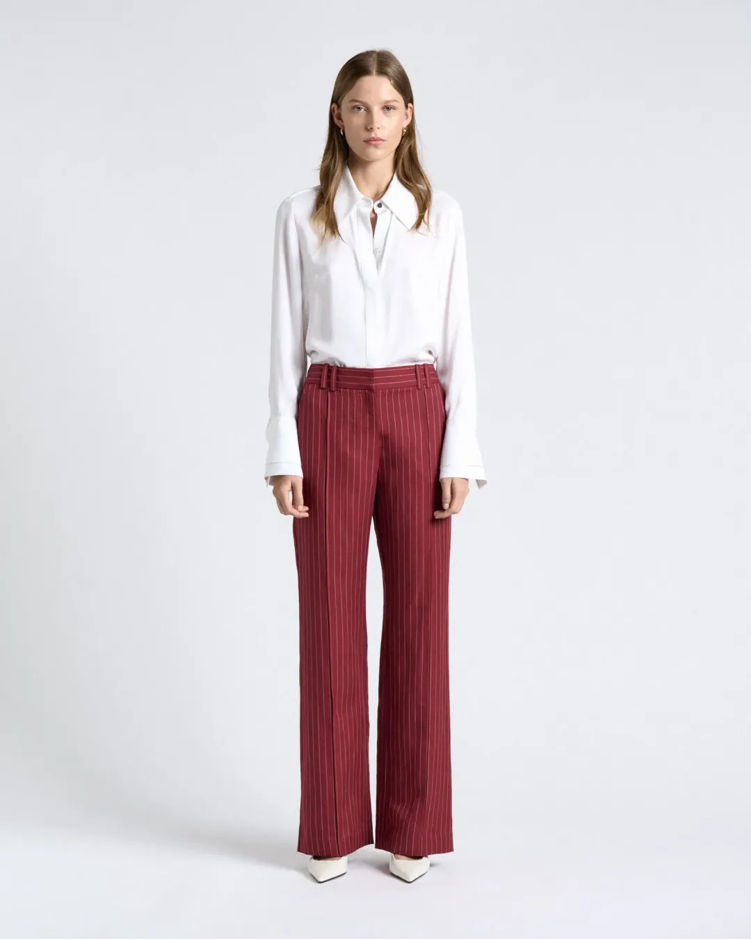 CUE Linen blend pinstripe suit - Maroon (12) for rent on The Volte - main image