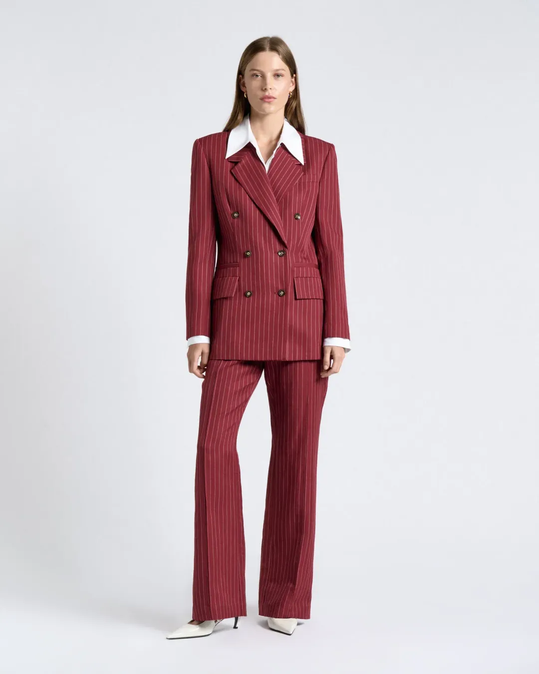 CUE Linen blend pinstripe suit - Maroon (12) for rent on The Volte - main image