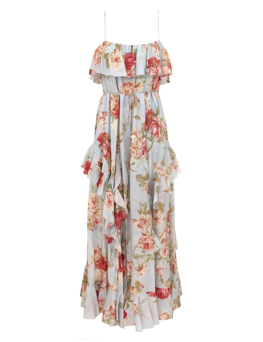 Zimmermann Roselight Frill Maxi Dress Blue Rose Floral Size 0 for rent on The Volte - main image