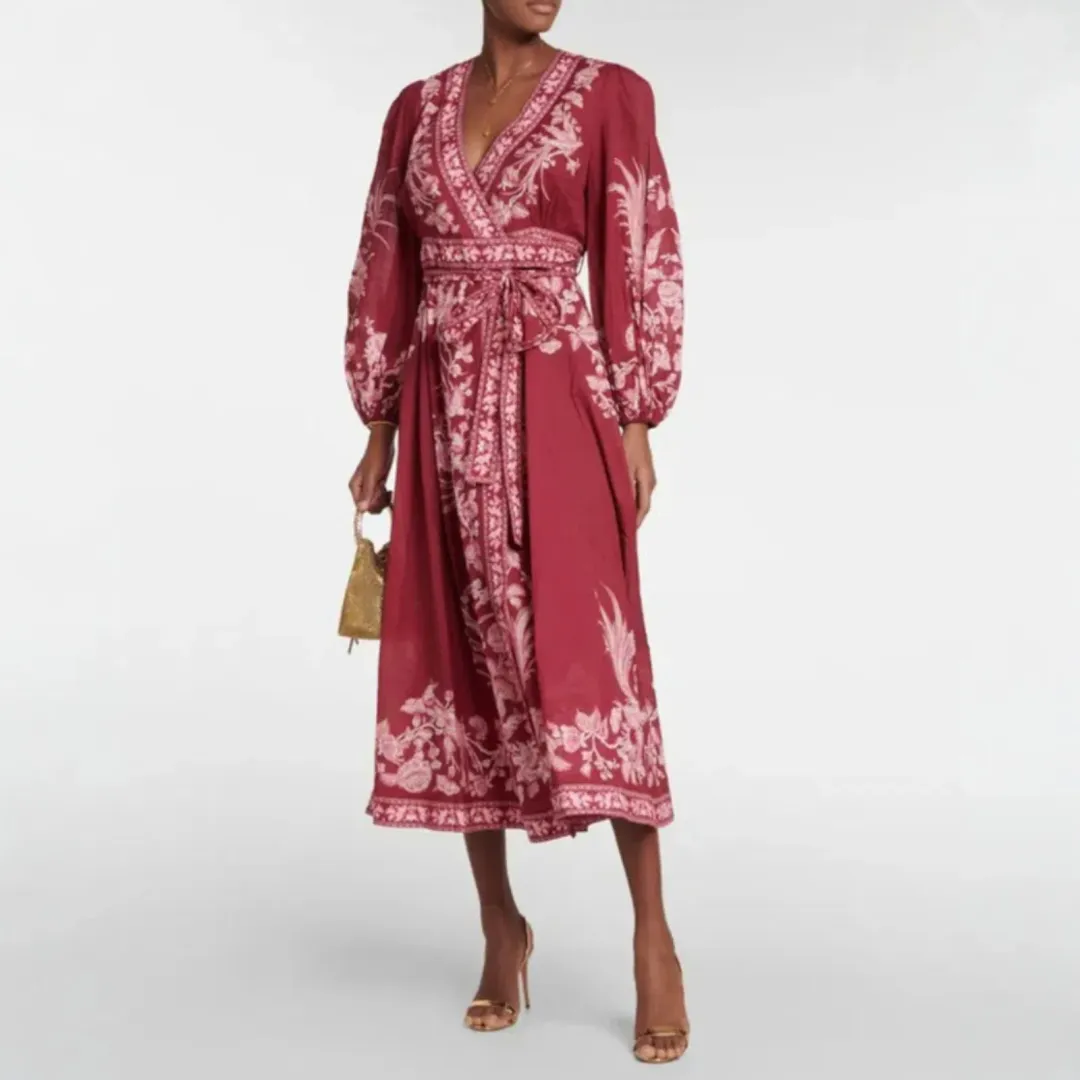 Zimmermann Tiggy Wrap Midi Dress in Rhubarb Bird Size 10 for rent on The Volte - main image