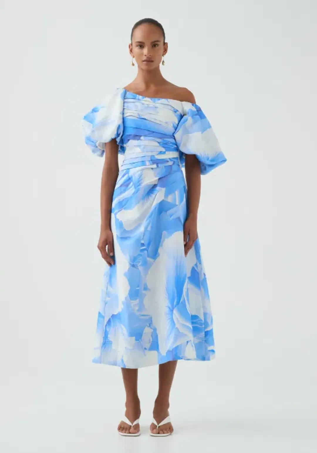 Aje Cadence Ruched Midi Dress – Floral Blue sz 8 for rent on The Volte - main image
