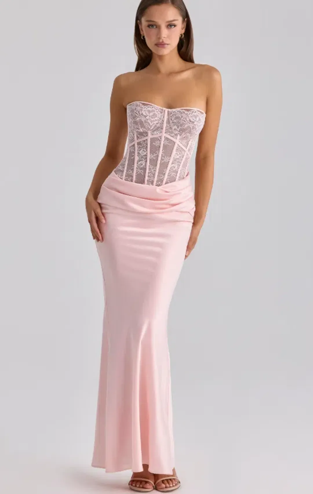 House of CB Ayana pink lace + satin maxi corset dress Regular Cup Size S for rent on The Volte - main image