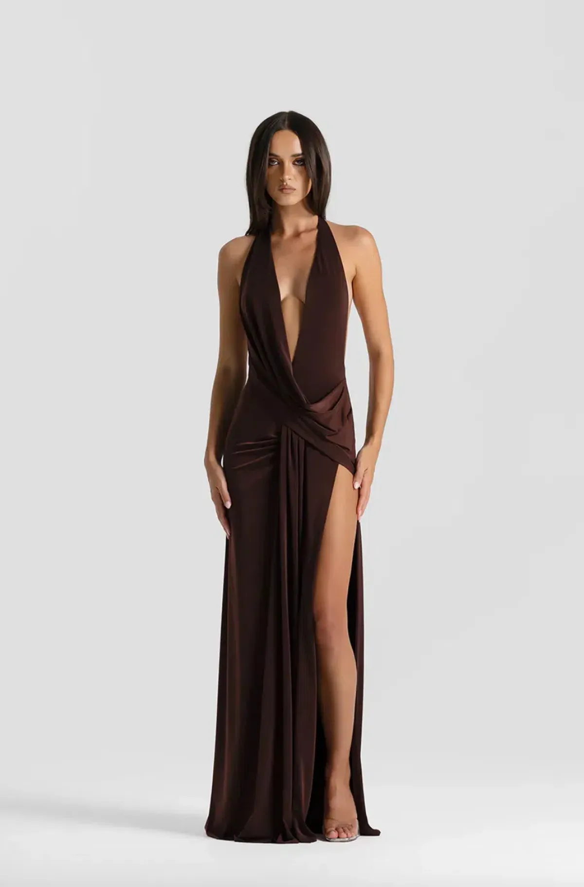 Natalie rolt, winona gownm, maxi, brown, size 8 for rent on The Volte - main image