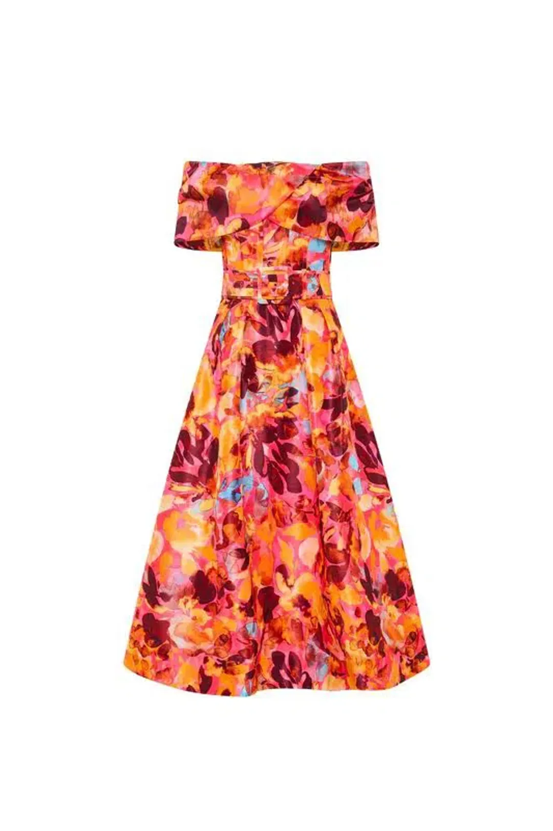 🌹Rebecca Vallance Gardenia Midi Dress – Size 8 AU - Orange Red Floral Off Shoulder Outfit🌹 for rent on The Volte - main image
