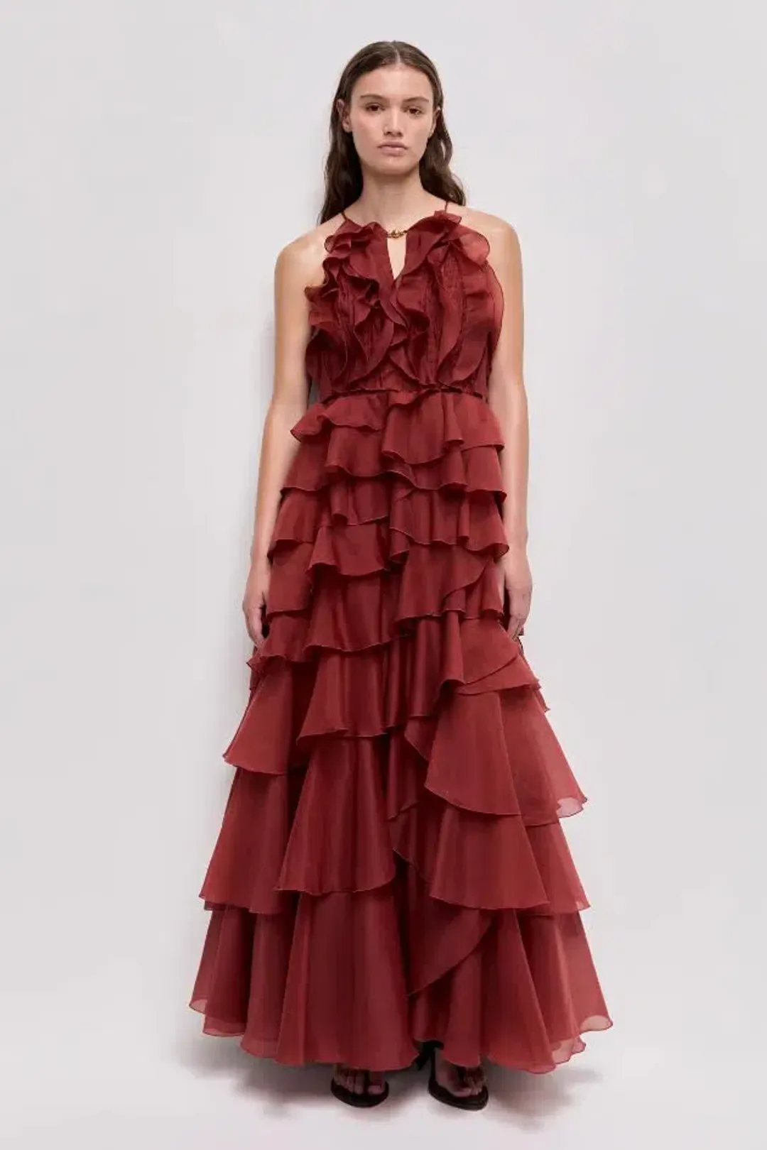 🤎 Aje Cleo Gown in Rust Brown - Size 12 - Ruffle Tiered Maxi Dress 🤎 for rent on The Volte - main image
