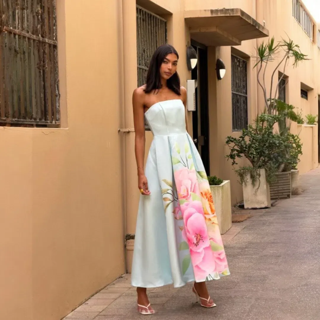 Elliatt Harper Strapless Gown in Baby Blue Floral Size Small for rent on The Volte - main image