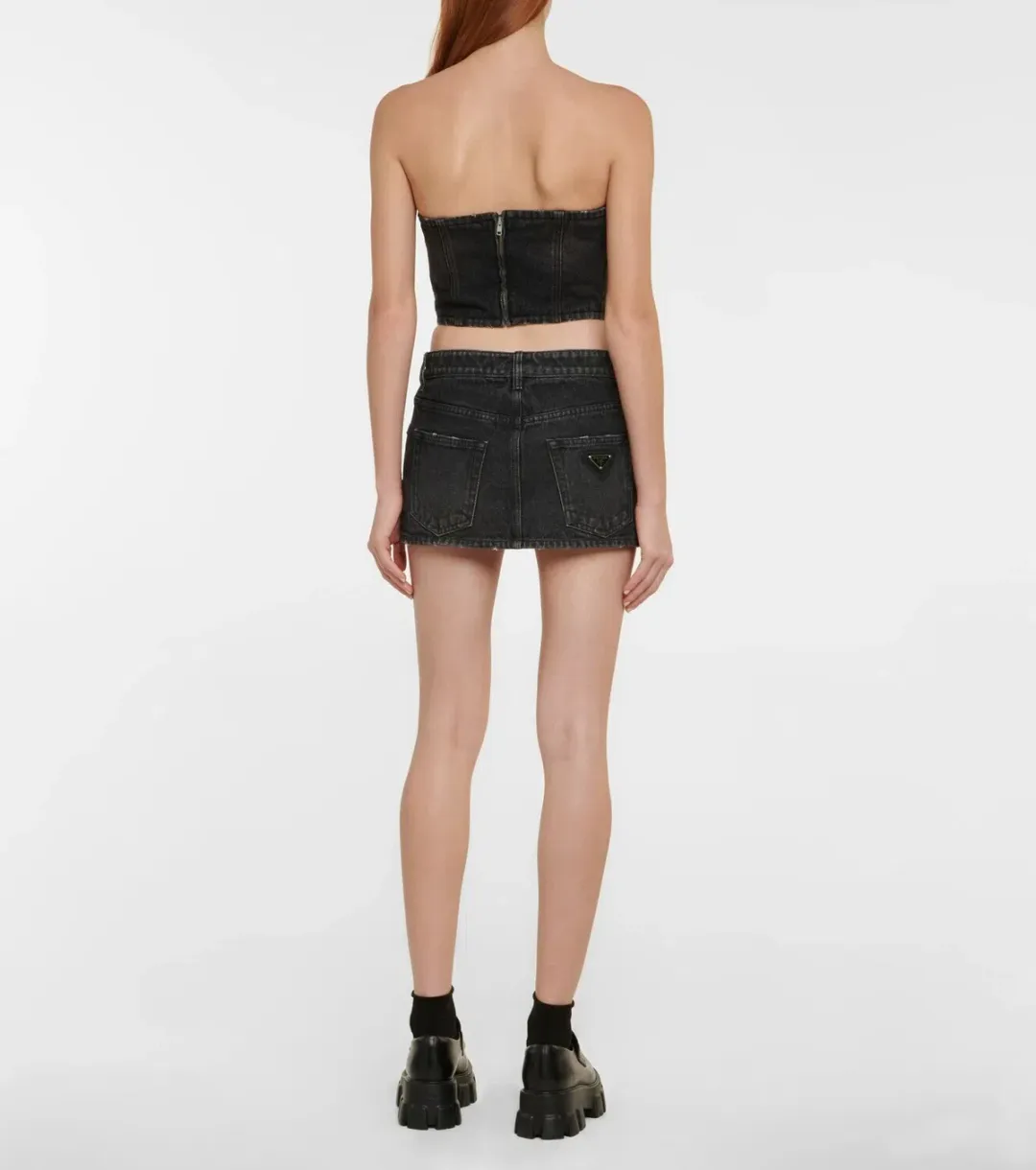 PRADA Black Logo Zipper Denim Bustier Top for rent on The Volte - main image