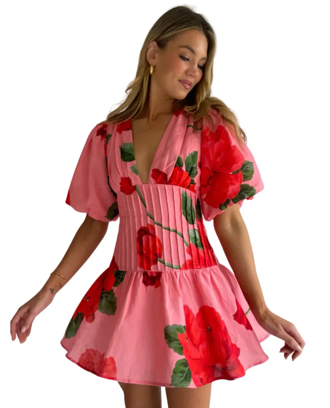 By Nicola– Neve Mini Dress in Raspberry Bloom- Size 8 for rent on The Volte - main image