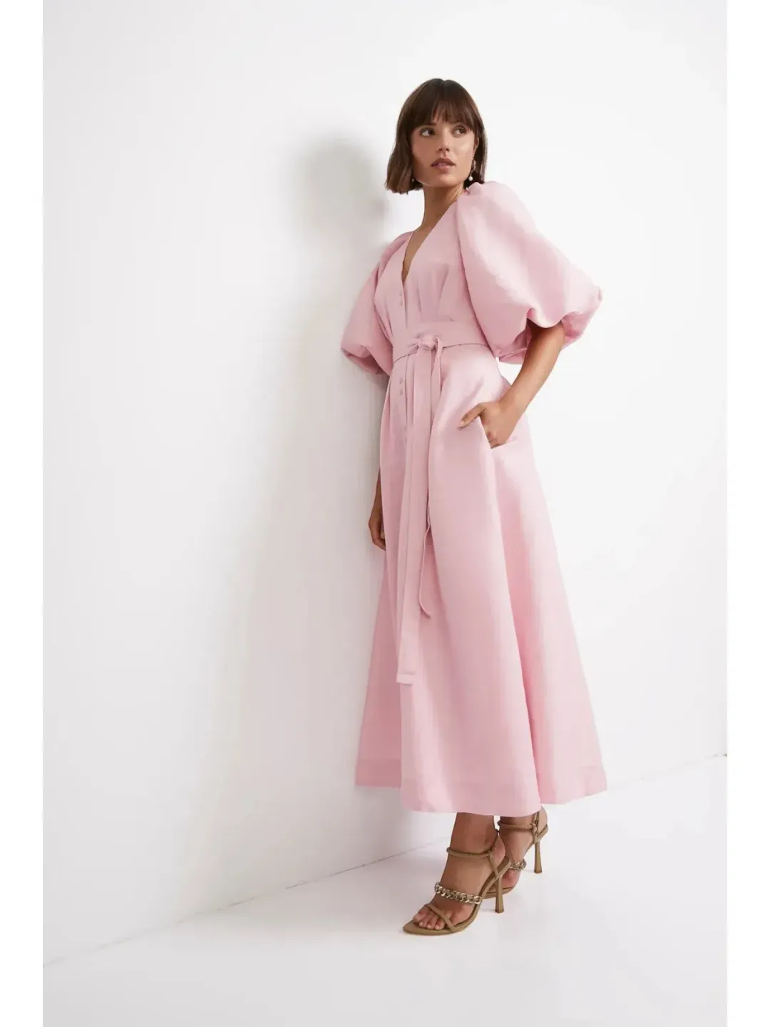 Aje Evermore Midi Dress Size AU 14 Rose Pink Puff Sleeve Gown for rent on The Volte - main image
