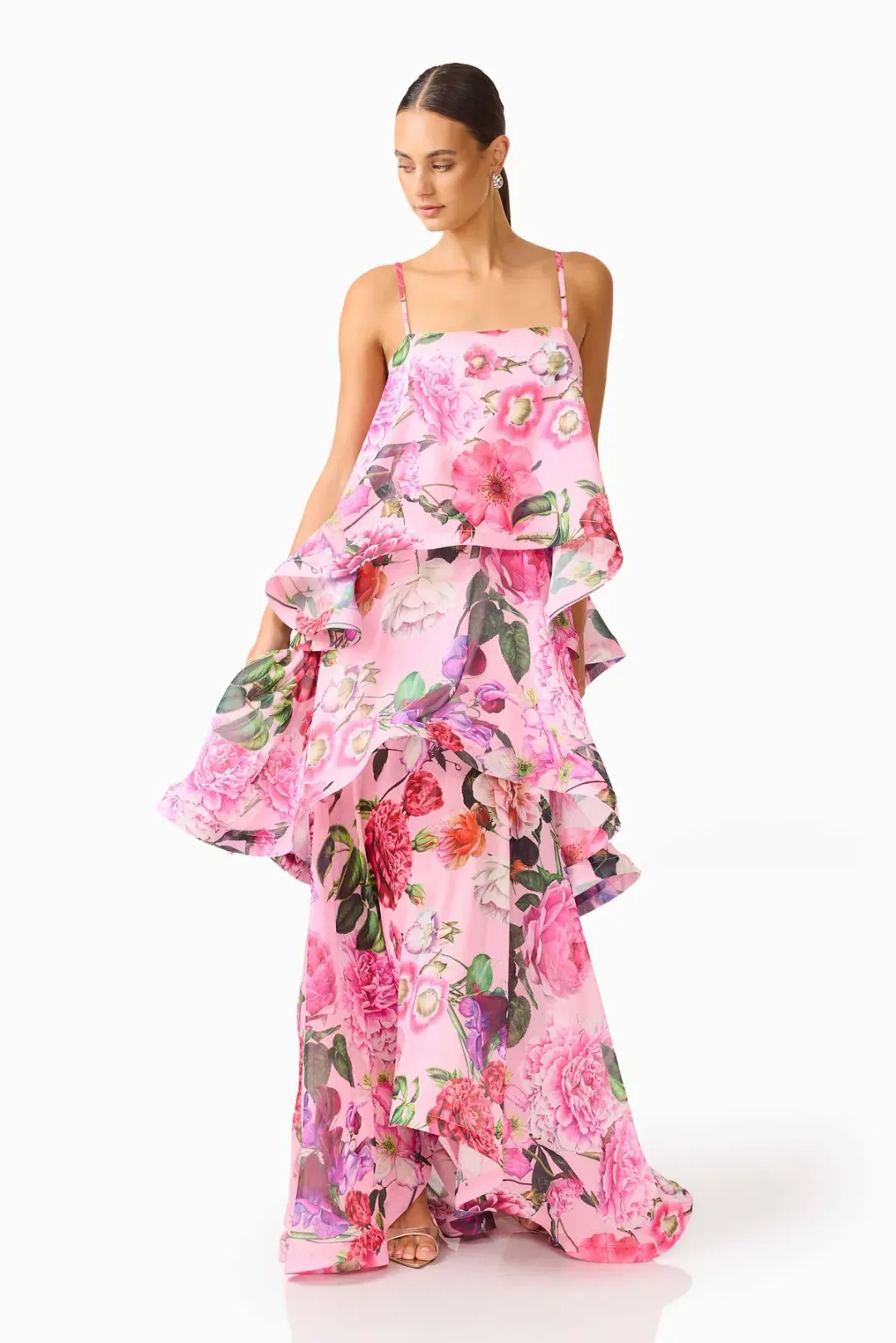 Elliatt Armani Tiered Maxi Dress in Pink Floral, Size L (12-14) for rent on The Volte - main image