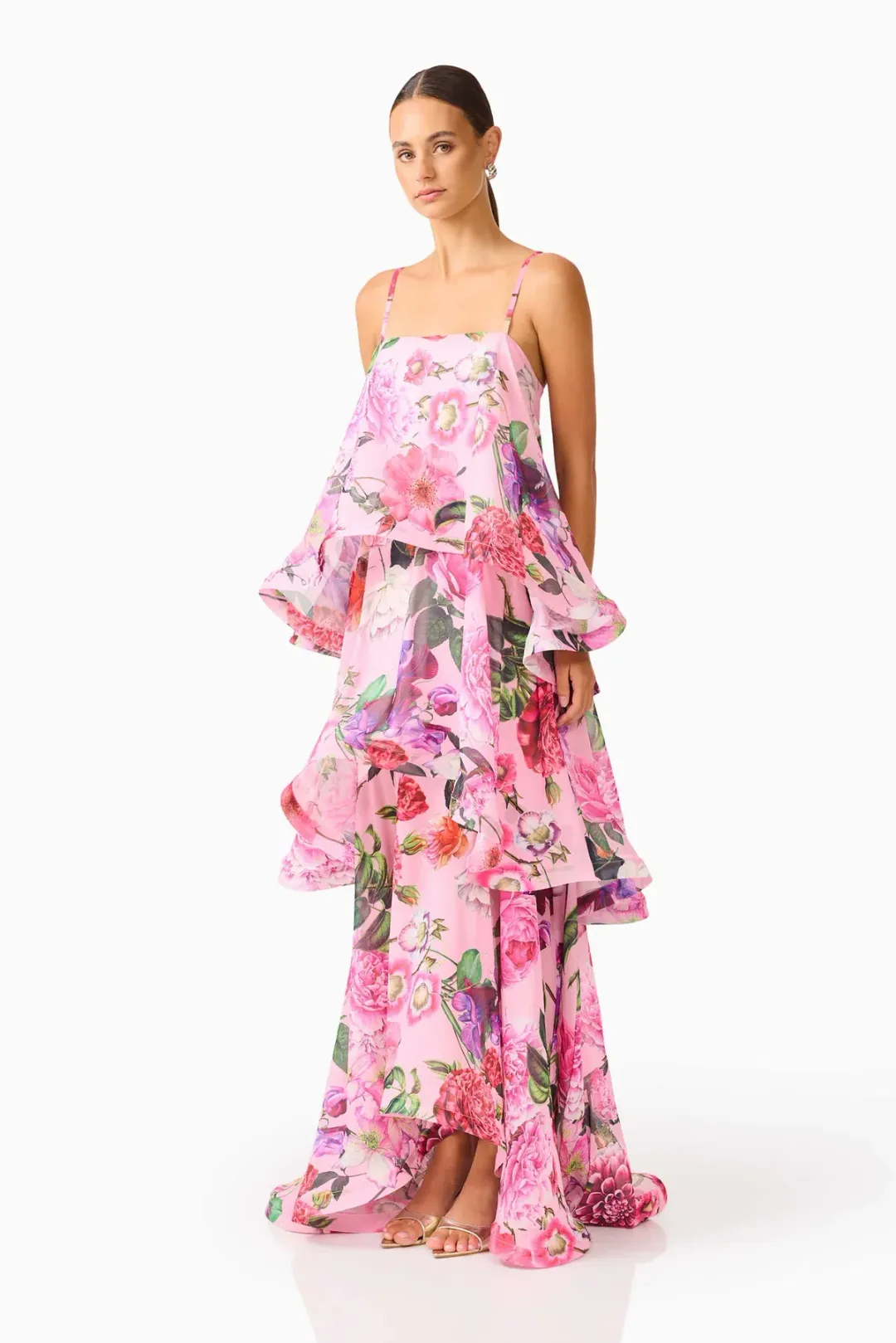 Elliatt Armani Tiered Maxi Dress in Pink Floral, Size L (12-14) for rent on The Volte - main image