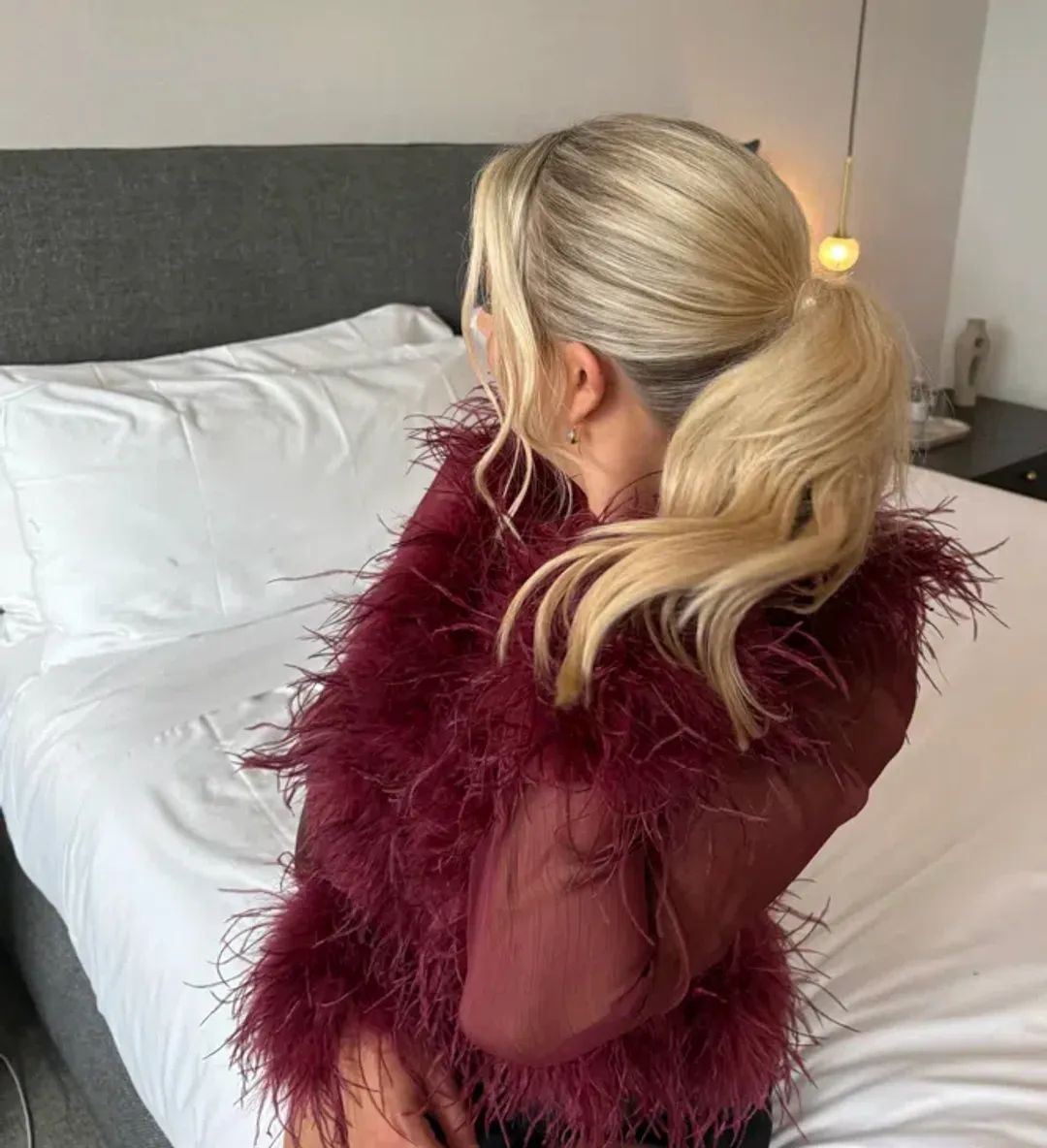 Bubish Luxe Gigi Feather Blouse in Cherry size 8  for rent on The Volte - main image