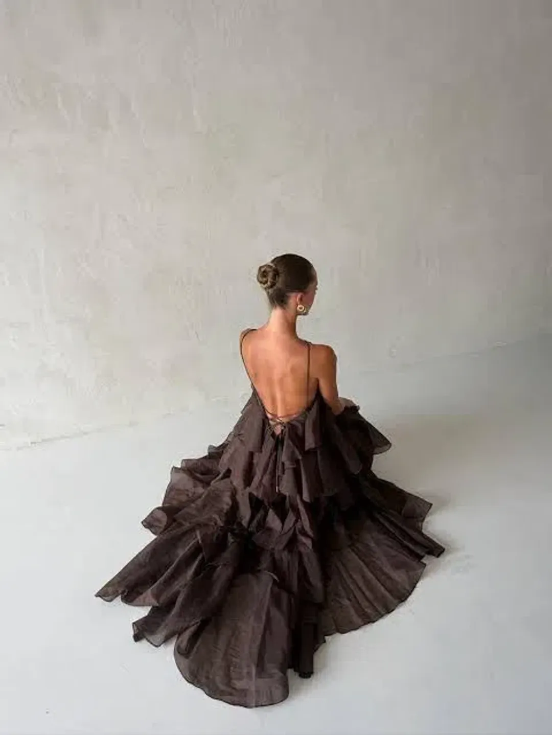 🤎Aje Pandorea Layered Maxi Dress in Carob Chocolate Brown - Size 10 AU 🤎 Tiered Ruffled Maxi Gown for rent on The Volte - main image