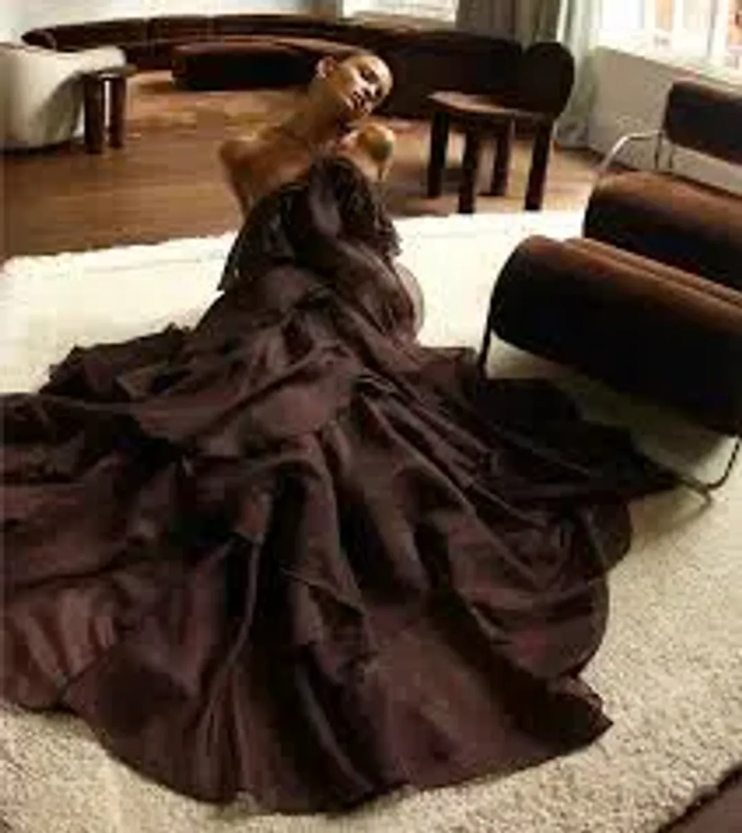 🤎Aje Pandorea Layered Maxi Dress in Carob Chocolate Brown - Size 10 AU 🤎 Tiered Ruffled Maxi Gown for rent on The Volte - main image