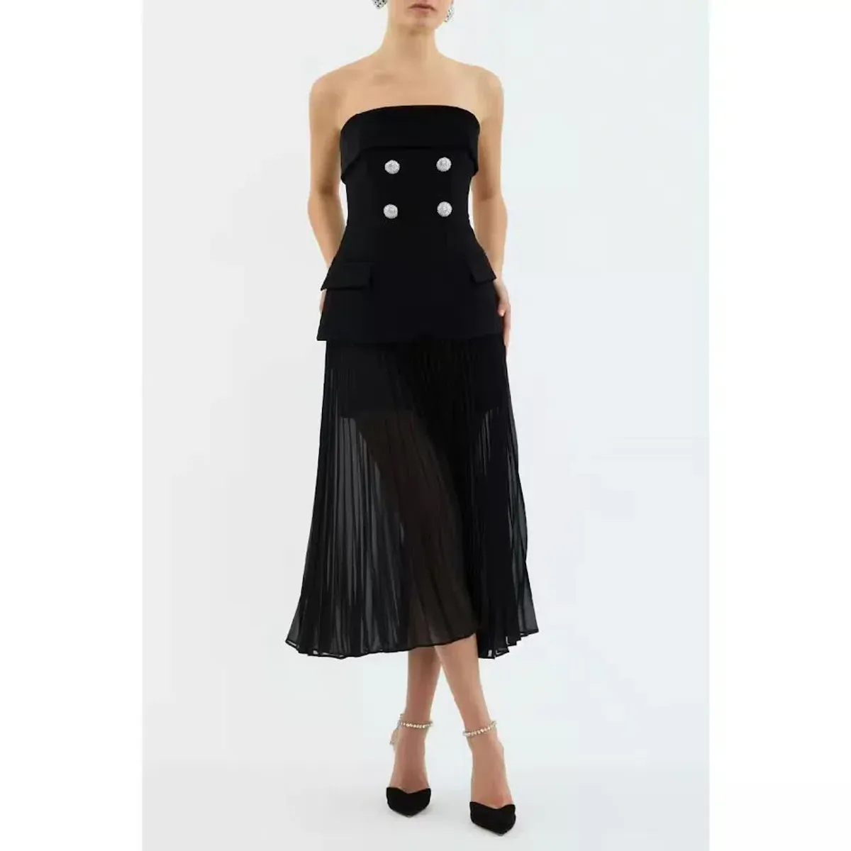 🖤 Rebecca Vallance Celia Midi Dress Size 12 AU - Black Sheer Strapless Gown 🖤 for rent on The Volte - main image