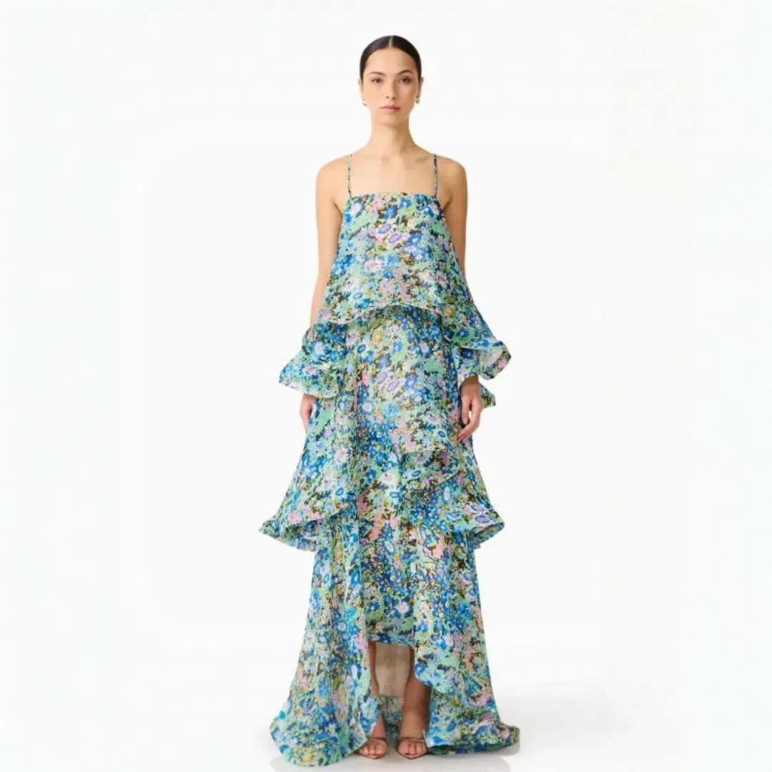 Elliatt Armani Tiered Maxi Dress In Blue Floral Size Medium for rent on The Volte - main image