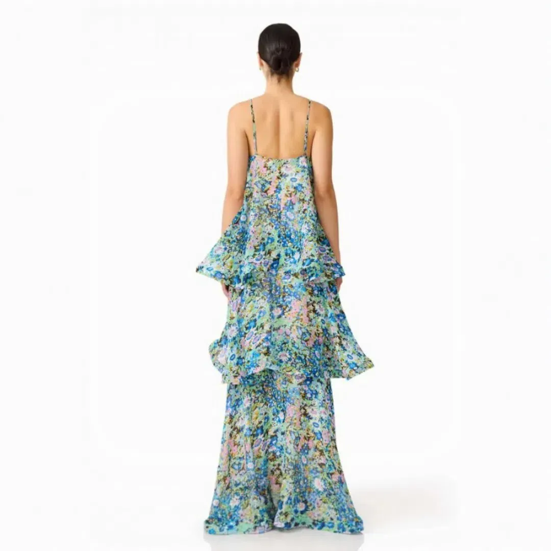 Elliatt Armani Tiered Maxi Dress In Blue Floral Size Medium for rent on The Volte - main image