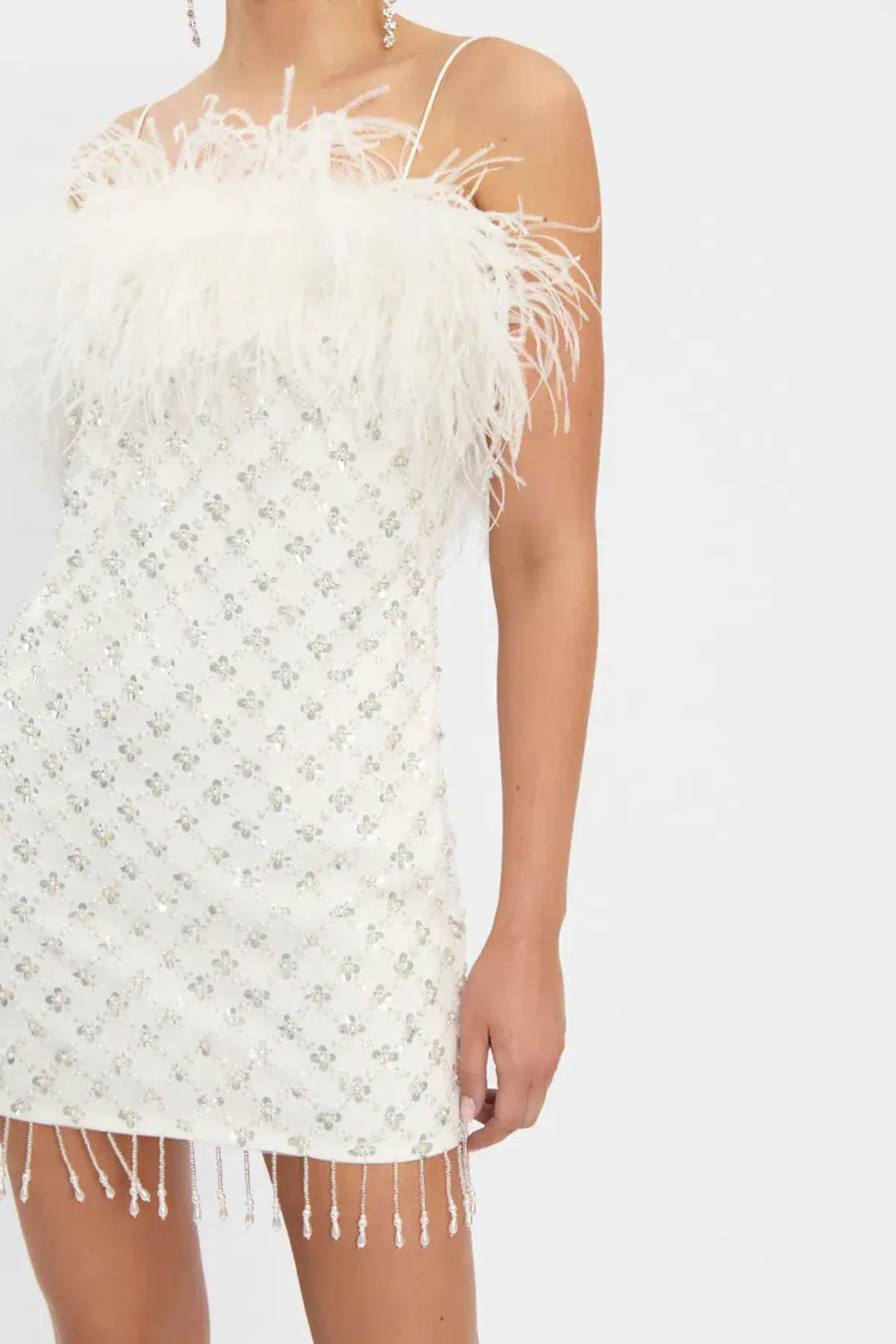 🤍 New REBECCA VALLANCE Chantal Mini Dress in WHITE - Size 10 AU - Fringed/Tassels - STUNNING! 🤍 for rent on The Volte - main image