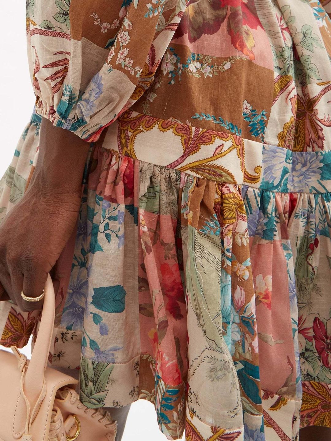 Zimmermann The Cassia Drop Waist Mini Dress in Patchwork Floral Size 8 for rent on The Volte - main image