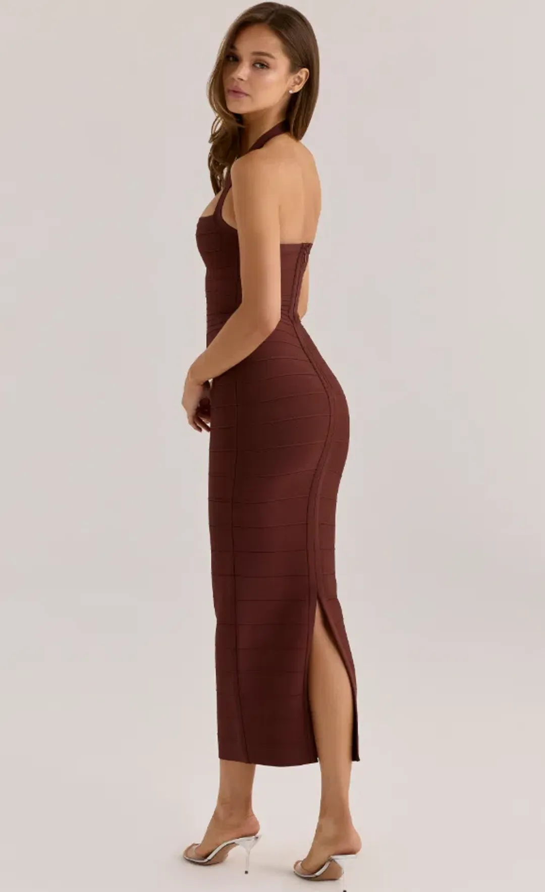 House of CB The Silhouette burnt sugar halter neck bandage maxi dress Size S for rent on The Volte - main image