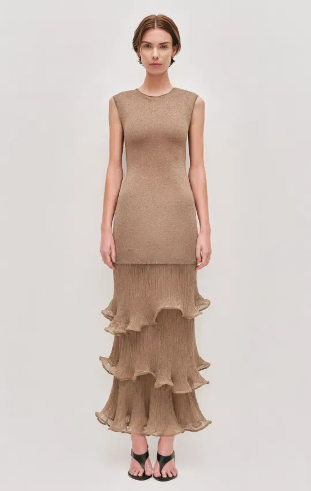 AJE Ciela Ruffle Knit Maxi Dress Burnished gold Size XS for rent on The Volte - main image